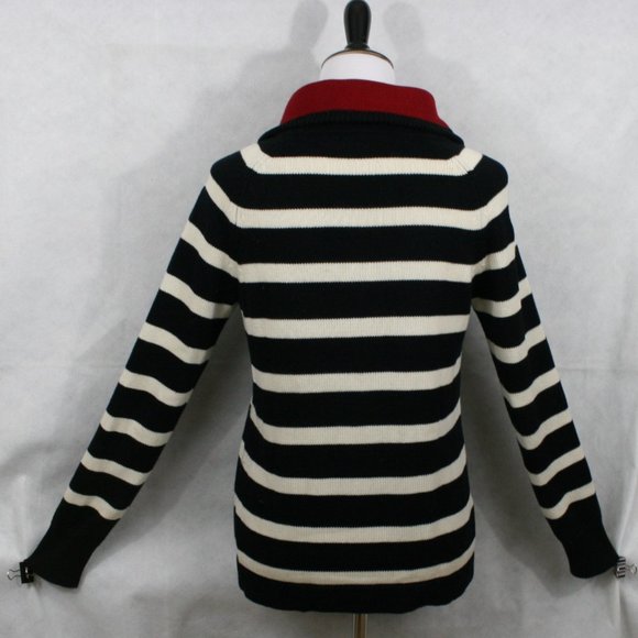 LRL Lauren Jeans Co. B&W Stripe Cotton 1/4 Zip Turtleneck Sweater SZ M EUC - Picture 4 of 7